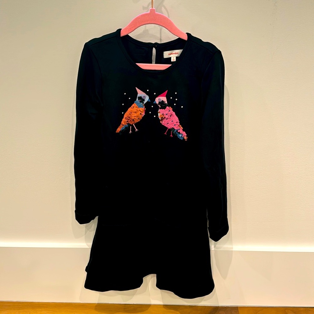 Catimini knit long sleeve dress with sequin bird detail